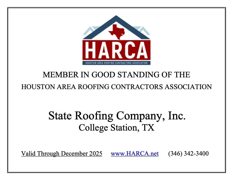 Membership card for Houston Area Roofing Contractors Association, certifying State Roofing Company, Inc. in College Station, TX, valid until December 2025, includes website and phone number.