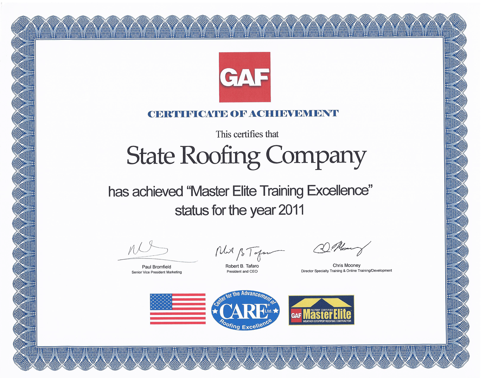 Certificate of Achievement awarded to State Roofing Company for Master Elite Training Excellence in 2011, featuring the GAF logo, an American flag, and certification seals.