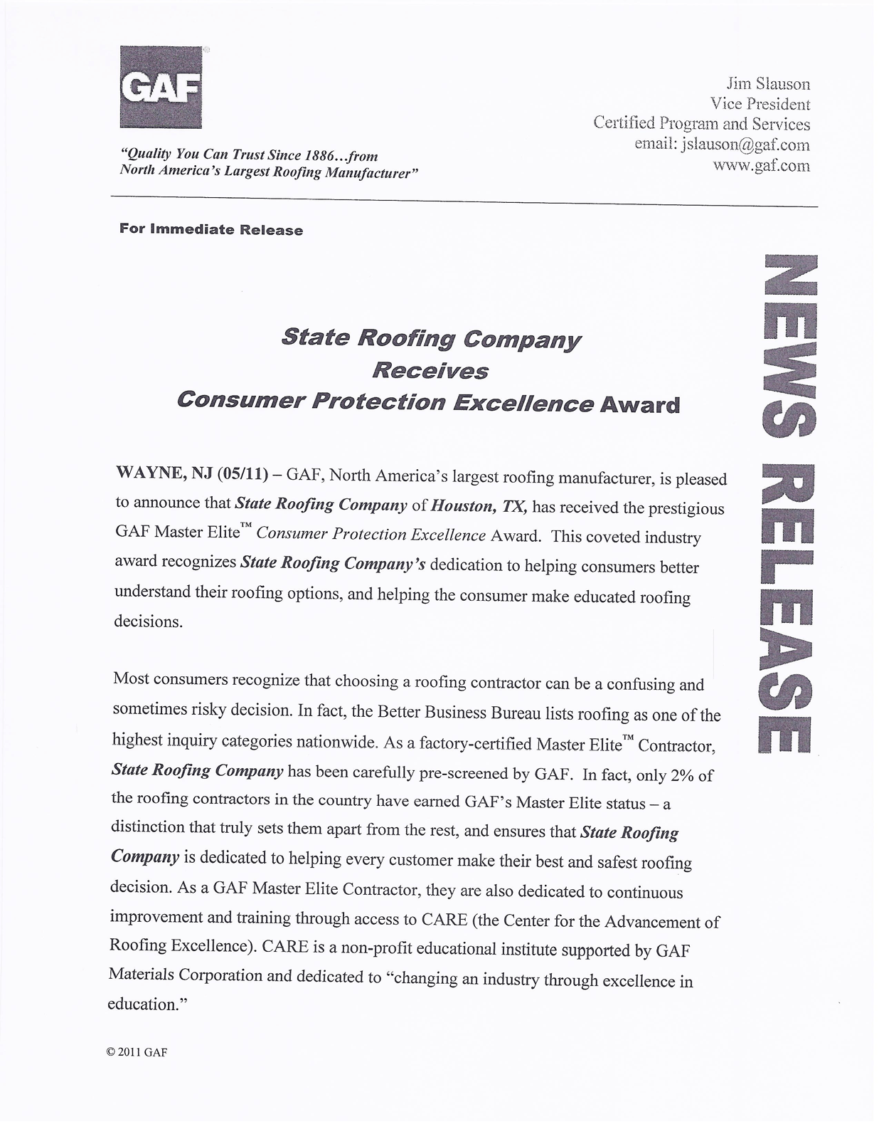 Press release announcing that State Roofing Company of Houston, TX received the GAF Consumer Protection Excellence Award, with GAF logo and contact information.