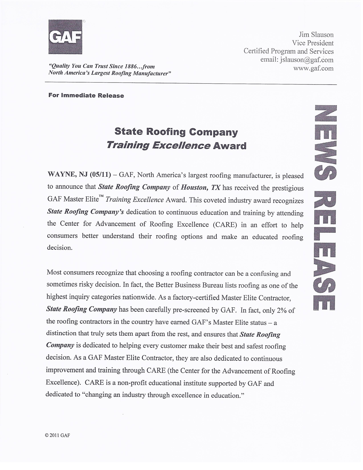 Official letter from GAF announcing that State Roofing Company of Houston, TX received the GAF Master Elite Training Excellence Award, recognizing their dedication to roofing education and training.