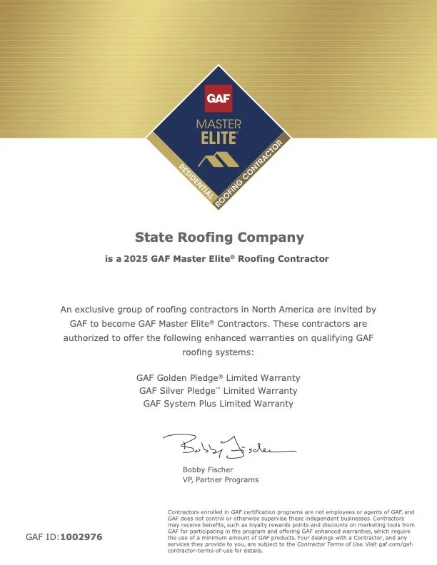 Certificate of recognition from GAF Master Elite Roofing Contractor program, signed by Bobby Fischer, VP of Partner Programs, for State Roofing Company.