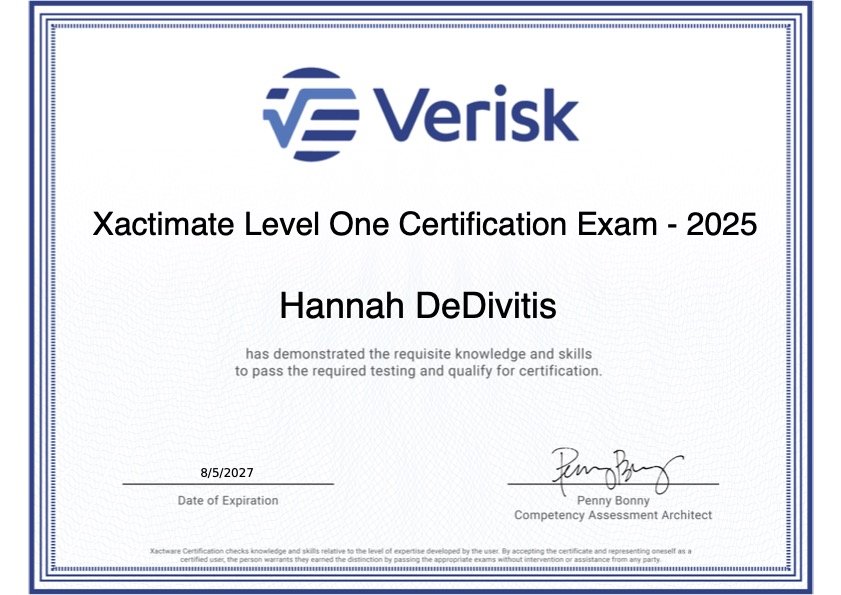 Certificate from Verisk for Xactimate Level One Certification awarded to Hannah DeVitis, dated August 5, 2027, signed by Penny Bonny.