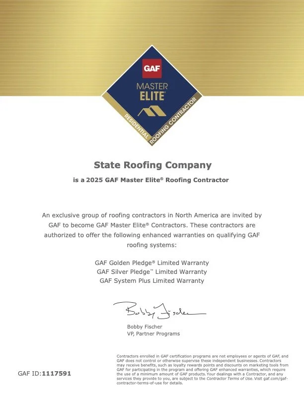 GAF Master Elite Roofing Contractor certificate awarded to State Roofing Company, 2025, signed by Bobby Fischer, VP of Partner Programs.