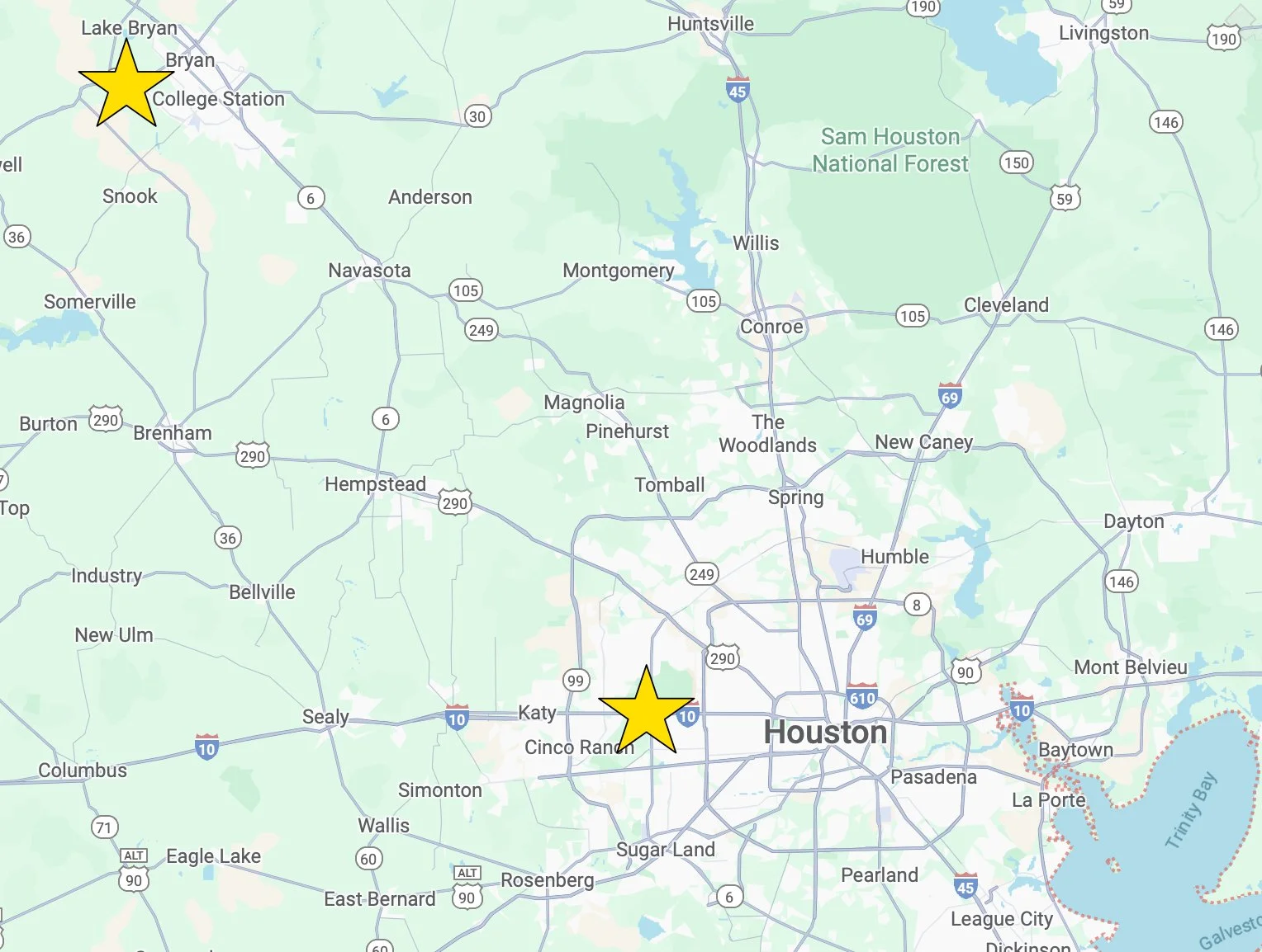 Map of Houston, Texas with two yellow stars marking specific locations.