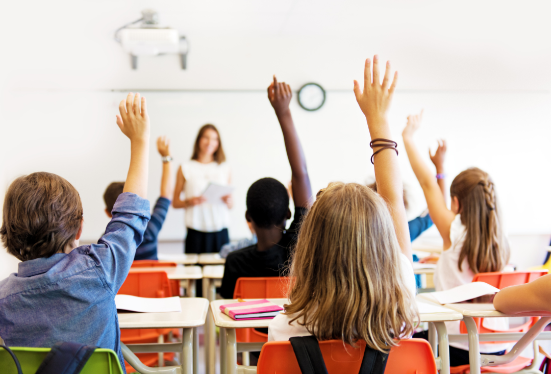 Students with raised hands in a classroom during a lesson.