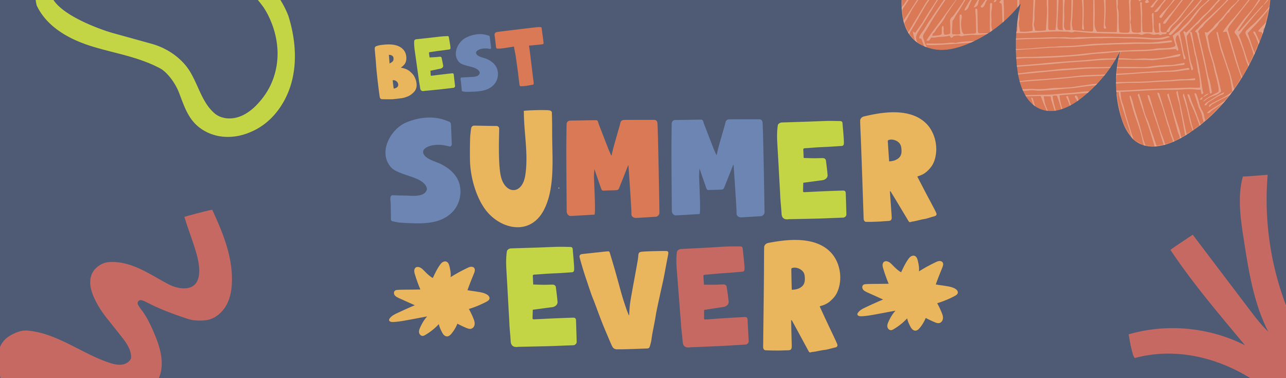Colorful summer-themed party banner with the phrase 'Best Summer Ever' and decorative confetti and streamers.