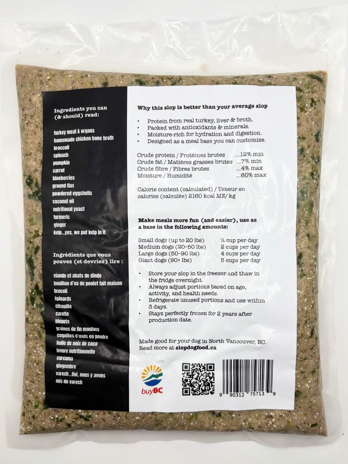 back of turkey slop dog food label bc vancouver