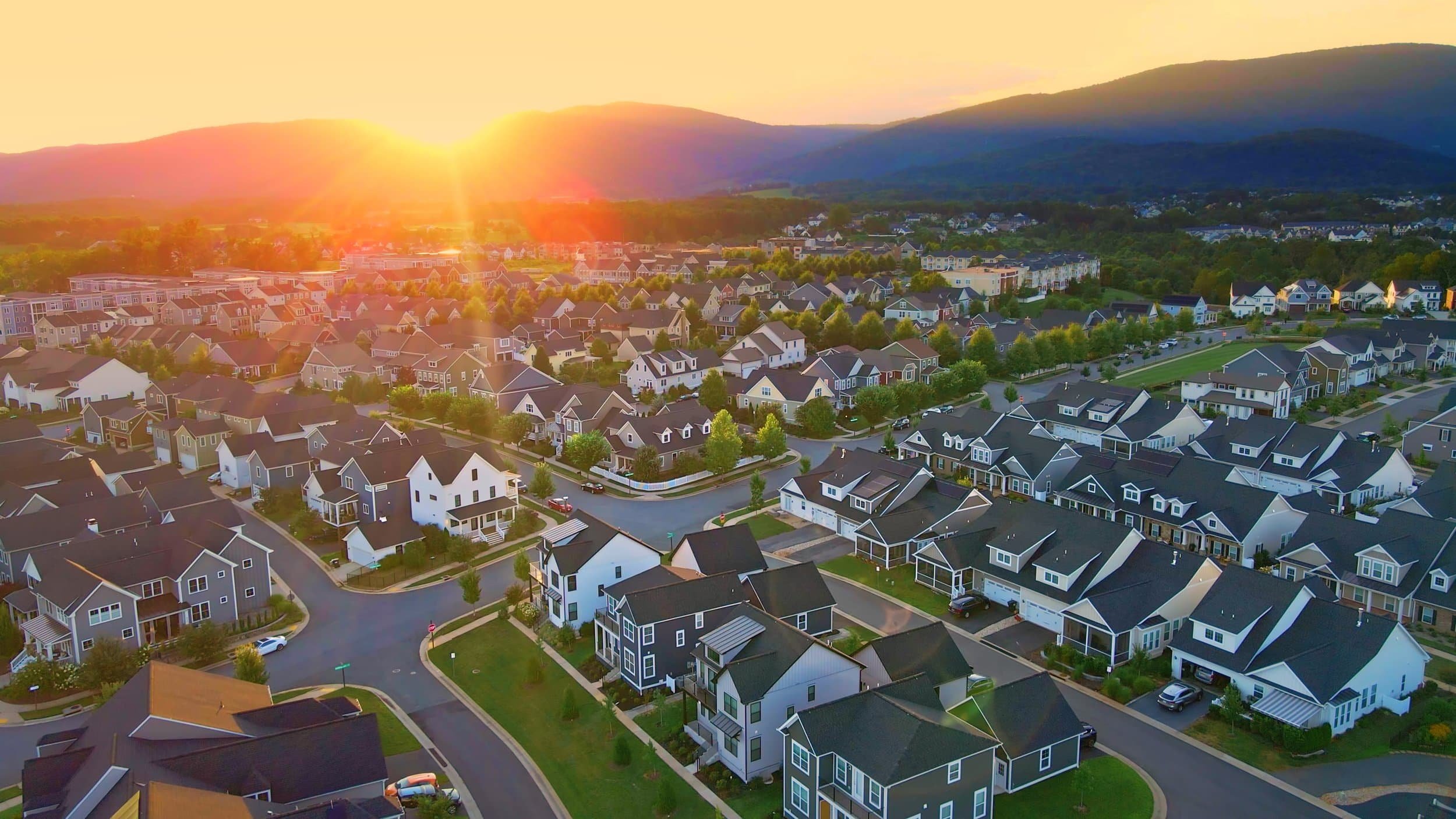 sunset view of Old Trail neighboorhood filmed by drone for community production