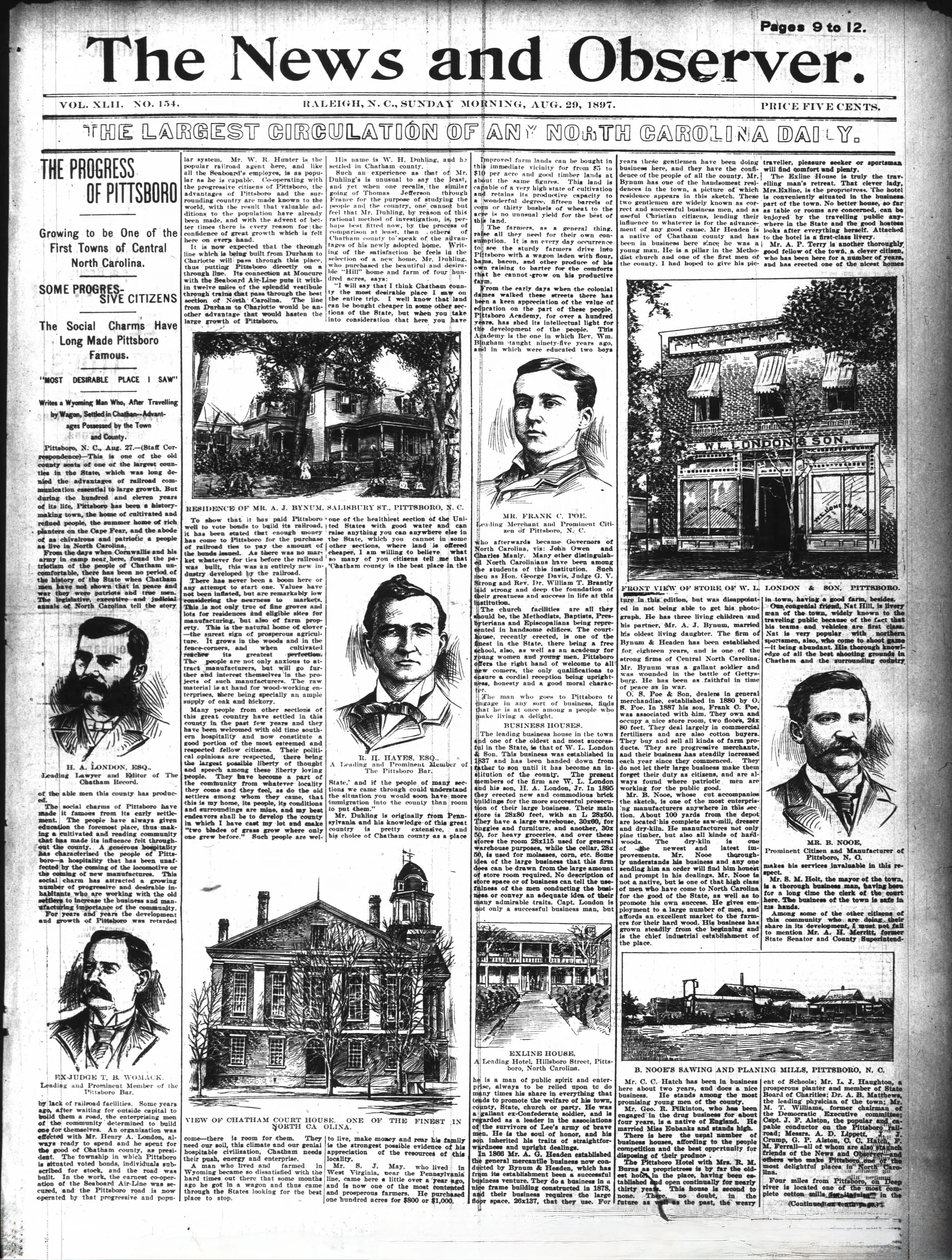 A historic newspaper page from August 29, 1897, titled 'The News and Observer', featuring articles about Pittsboro, North Carolina, including reports on local progress, prominent citizens, including Captain J. F. Alston and his home.