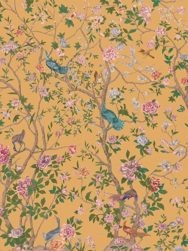 Pattern of blooming flowers, birds, and branches on a yellow background.