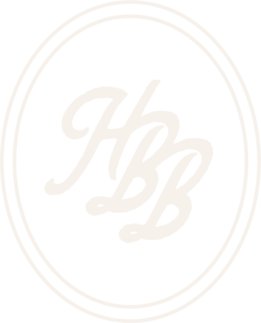 A black and white logo with an oval shape, containing the stylized initials 'HBB' in the center.