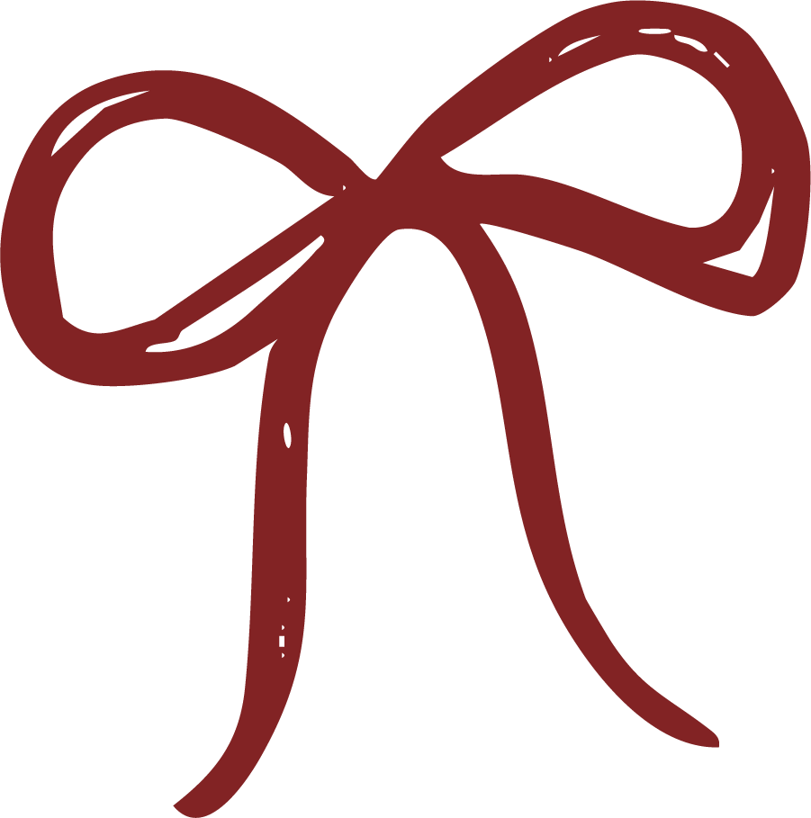 A simple, hand-drawn illustration of a bow with a ribbon tied in a bow at the center, in a dark red color.