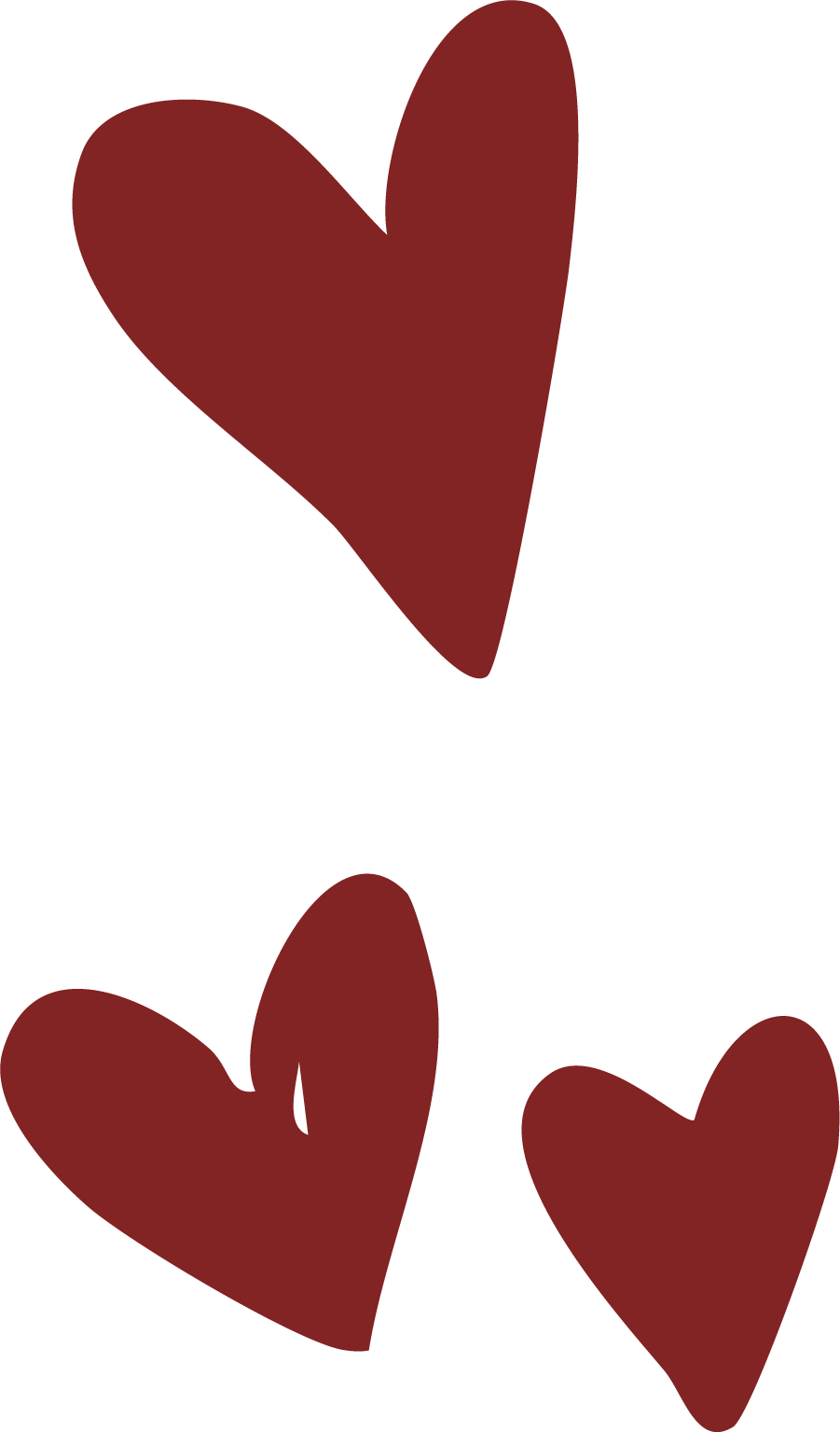 Three red hearts with a dark outline arranged vertically on a black background.