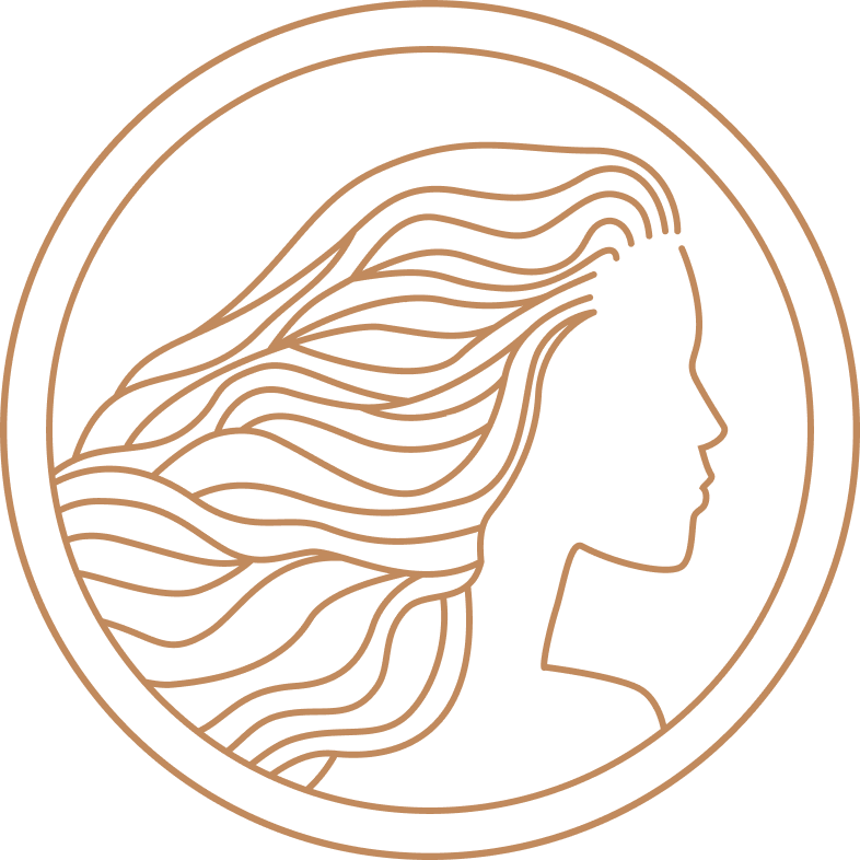 she HAS it hair extension logo of a illustrated sketch of a womans profile and her hair subtly blowing in the wind
