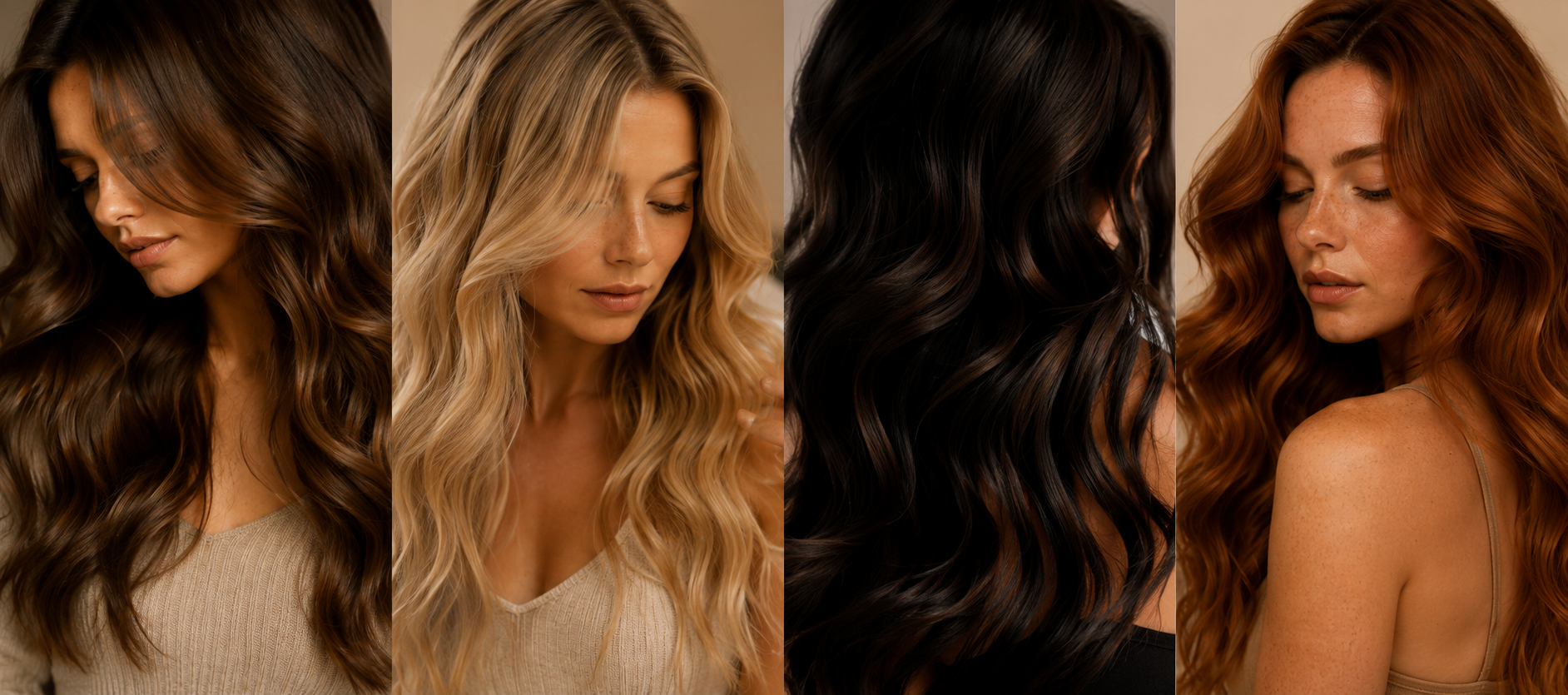 Four women with long, wavy hair in different shades and styles, looking down or to the side against neutral backgrounds.