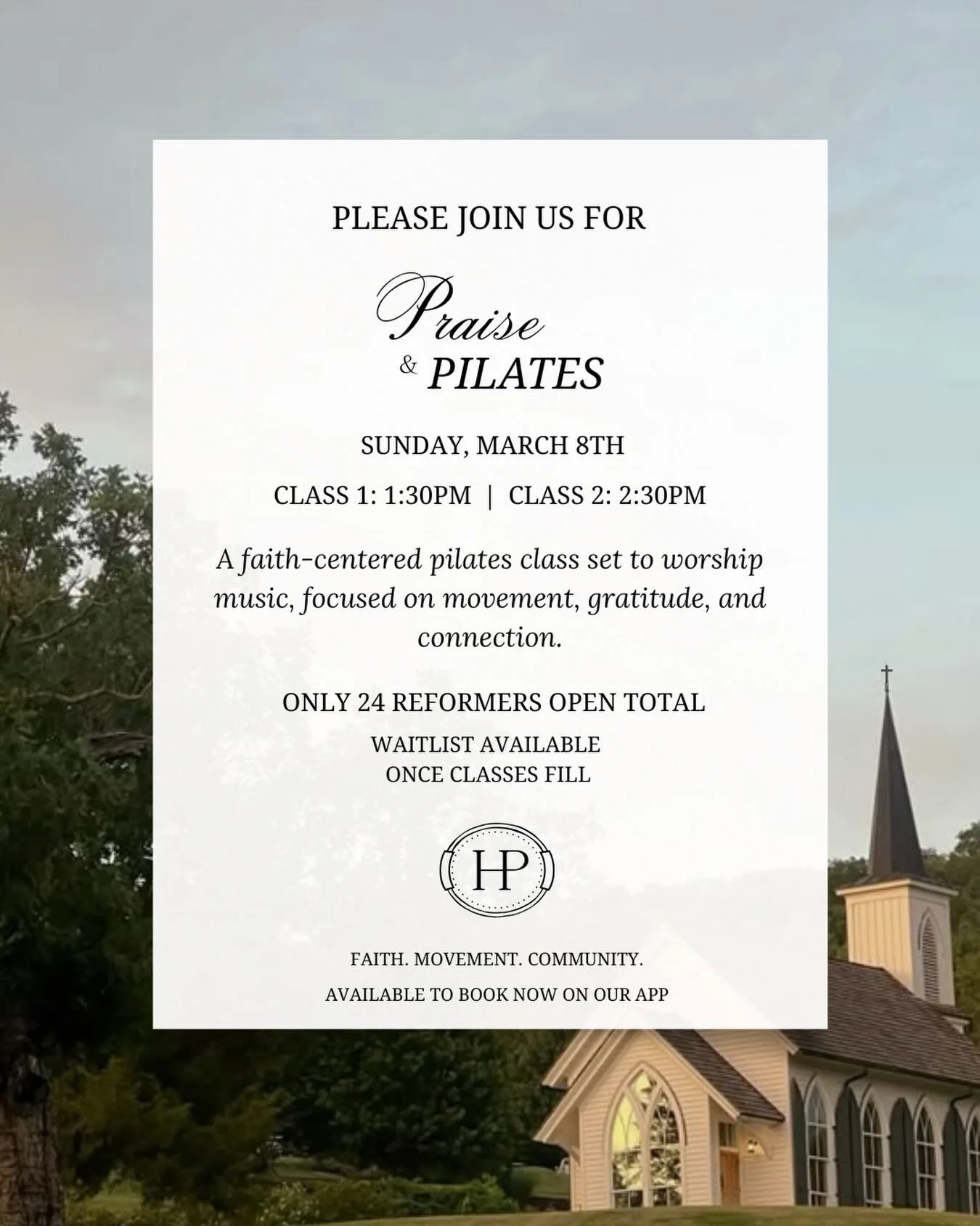 Our first Praise and Pilates of the year! We are beyond excited for what is going to be a day filled with faith, worship, and joy for Jesus. We hope you can join us 🤍 *Founders Society members have early access now!