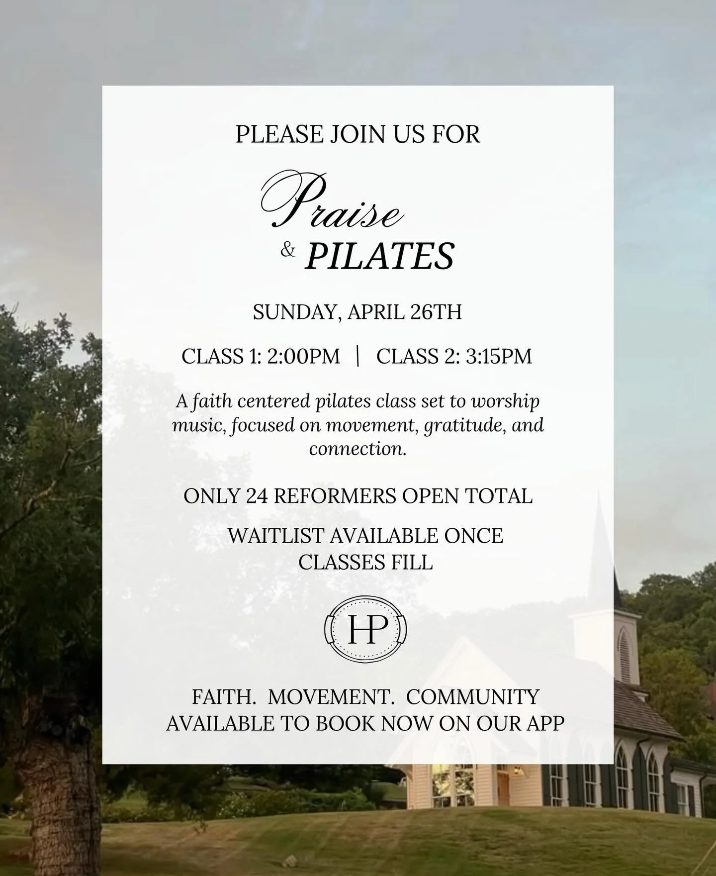 Our second ever Praise and Pilates is now available to book online and on our app for April 26th at 2PM &amp; 3:15PM! We hope to see you there and Happy Easter weekend🤍