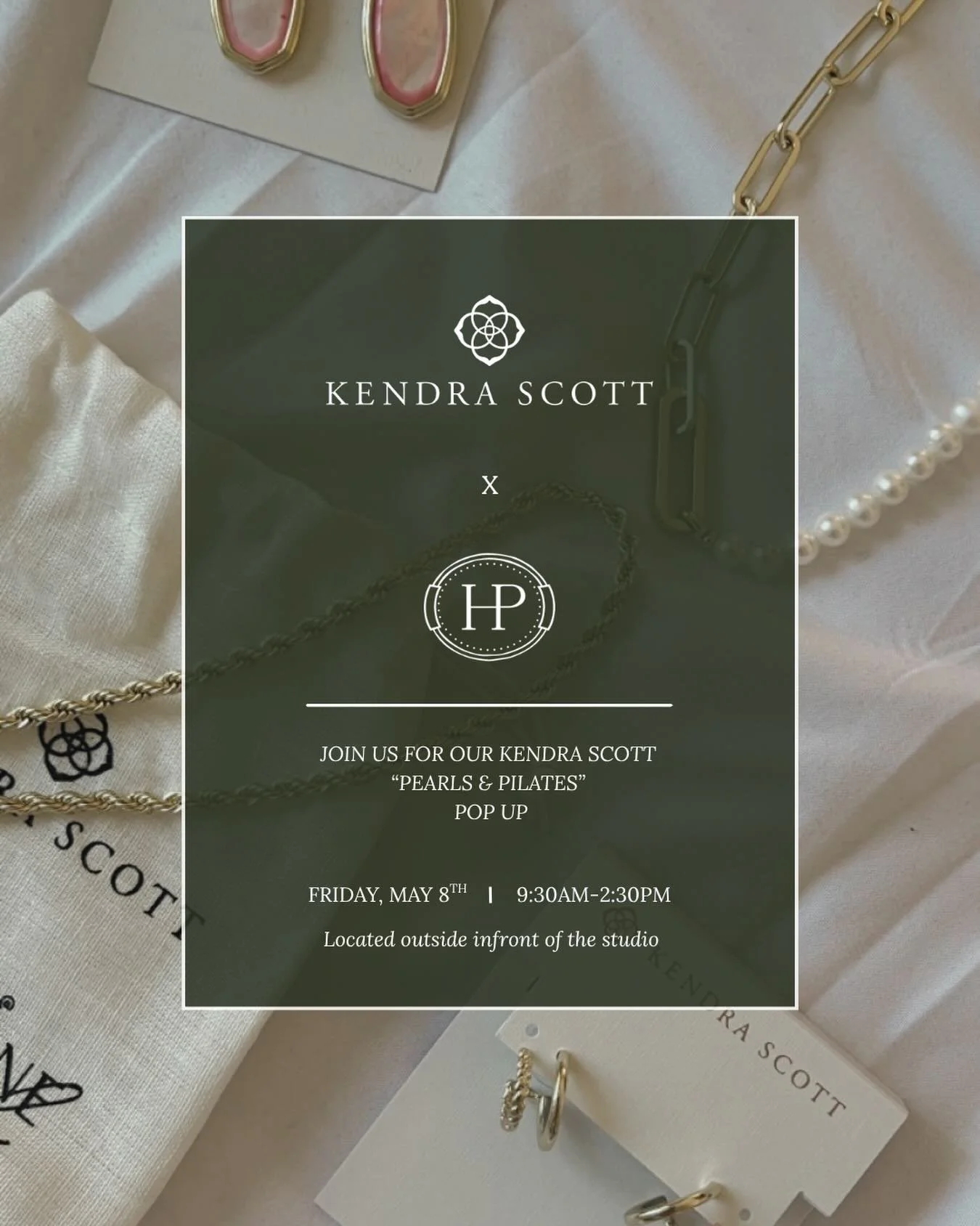 Join us for our Pearls &amp; Pilates pop up with Kendra Scott this Friday from 9:30AM-2:30PM! Everyone welcome, you do not have to take class to participate! See you there 🤍