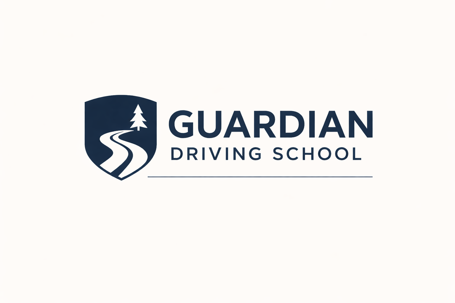 Guardian Driving School logo featuring a shield with a winding road and a pine tree, with the text Guardian Driving School.