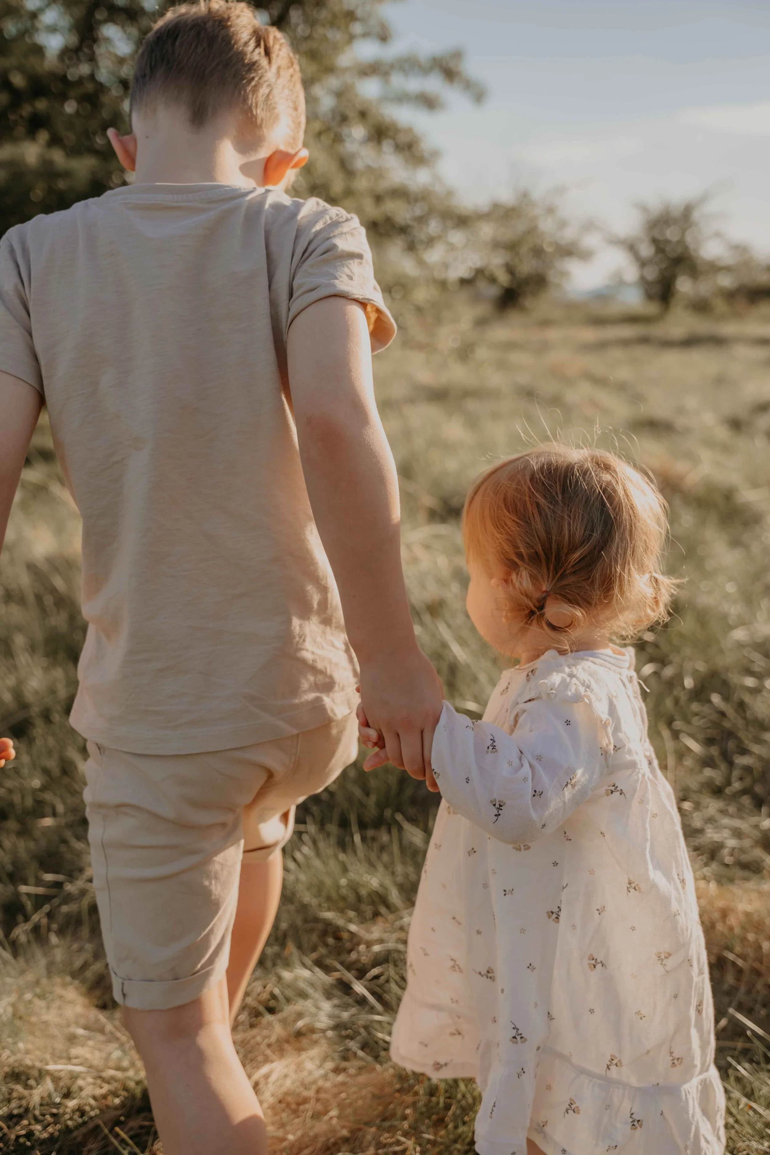 Familienfotografie Nordhessen –Geschwister gehen Händchen haltend über eine Wiese.