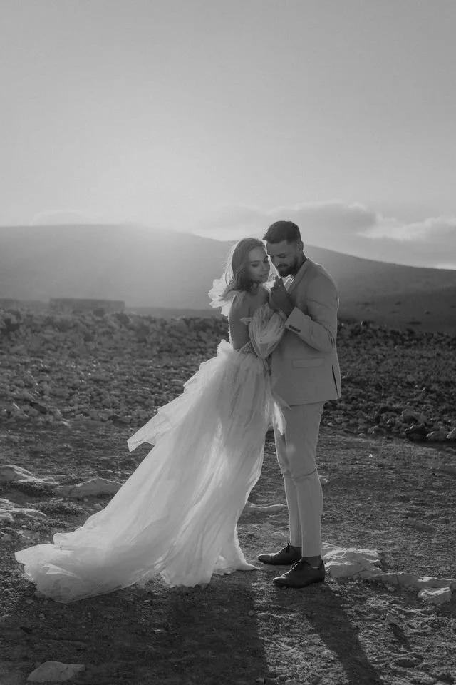 Intimate Couple moments at their destination wedding during sunset in Spain.