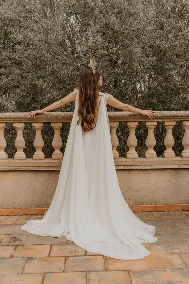 Bride standing at the Finca after Getting ready for her elopement on Mallorca Island.