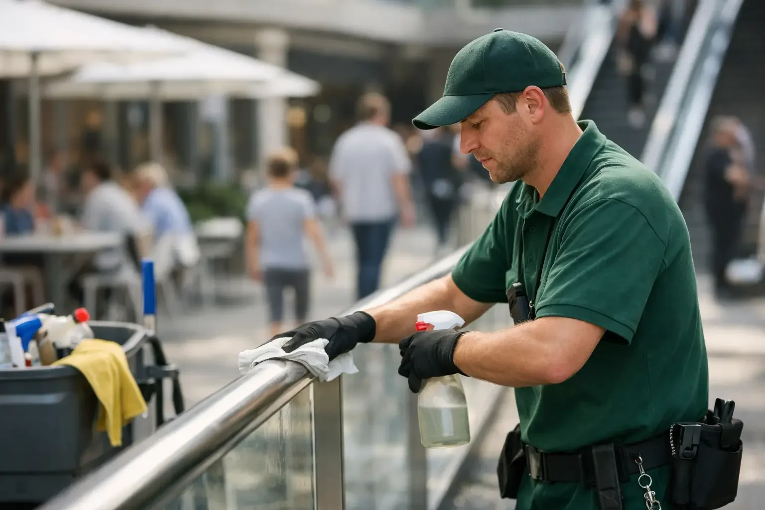 Betreuung publikumsintensive Flächen München. Reinigungskraft pflegt stark frequentierten Eingangsbereich in Münchner Gewerbeobjekt