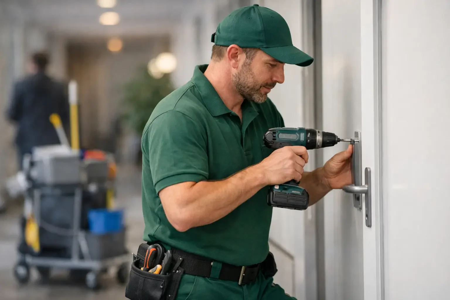 Hausmeisterservice München. Hausmeister dokumentiert Objektbegehung in gepflegter Wohnanlage