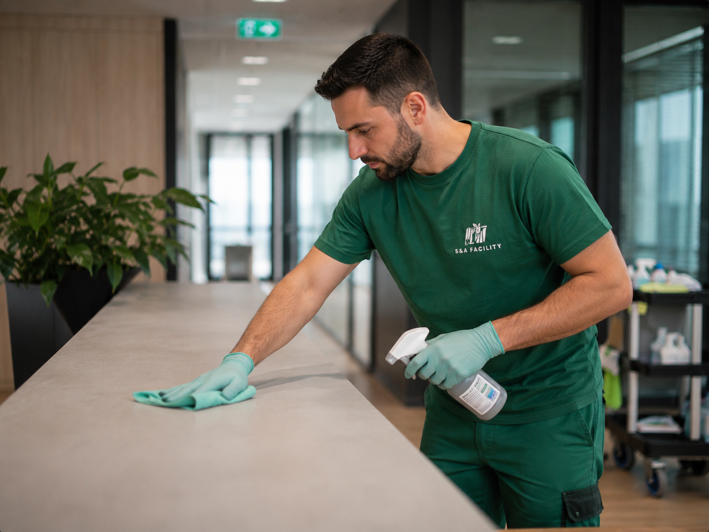 S&A Facility Mitarbeiter reinigt eine Arbeitsfläche in einem modernen Büro in München