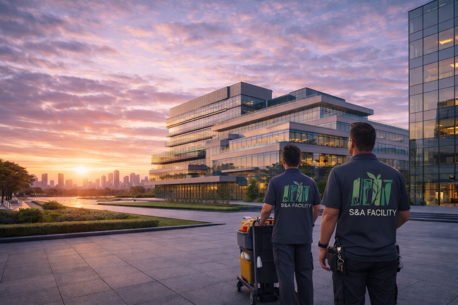 Das Team von S&A Facility bei der professionellen Objektbetreuung eines modernen Bürogebäudes in München.