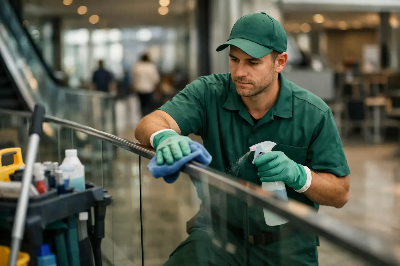 Gebäudereinigung München Gewerbe. Reinigungskraft pflegt Eingangsbereich in modernem Münchner Gewerbeobjekt