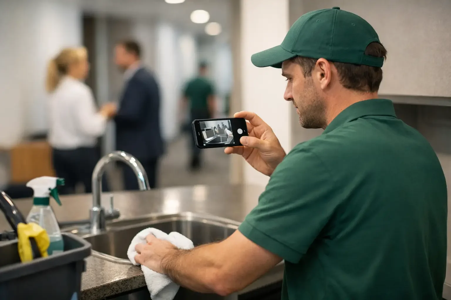Reinigungsdokumentation München. Objektverantwortlicher prüft digitale Leistungsnachweise auf Tablet