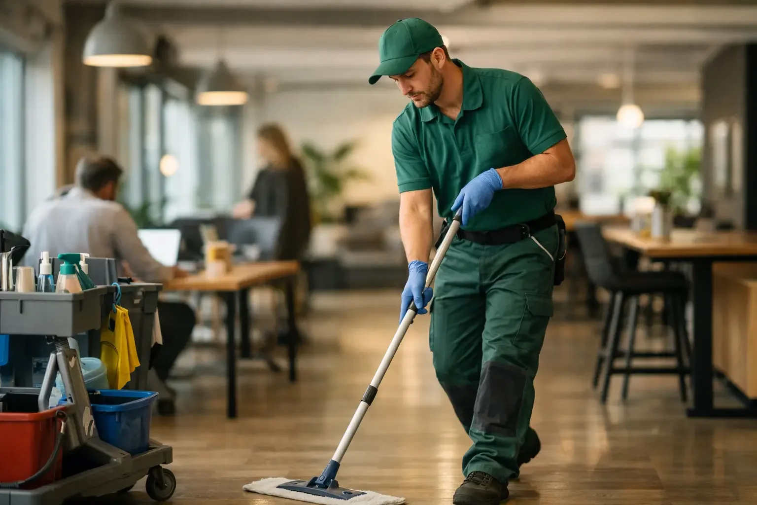 Gebäudereinigung Coworking Space München. Reinigungskraft pflegt Gemeinschaftsfläche in modernem Münchner Coworking Space