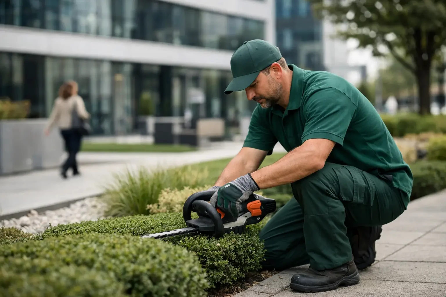 Servicevertrag Objektpflege München. Hausmeister kontrolliert Gemeinschaftsfläche in gepflegtem Wohnobjekt