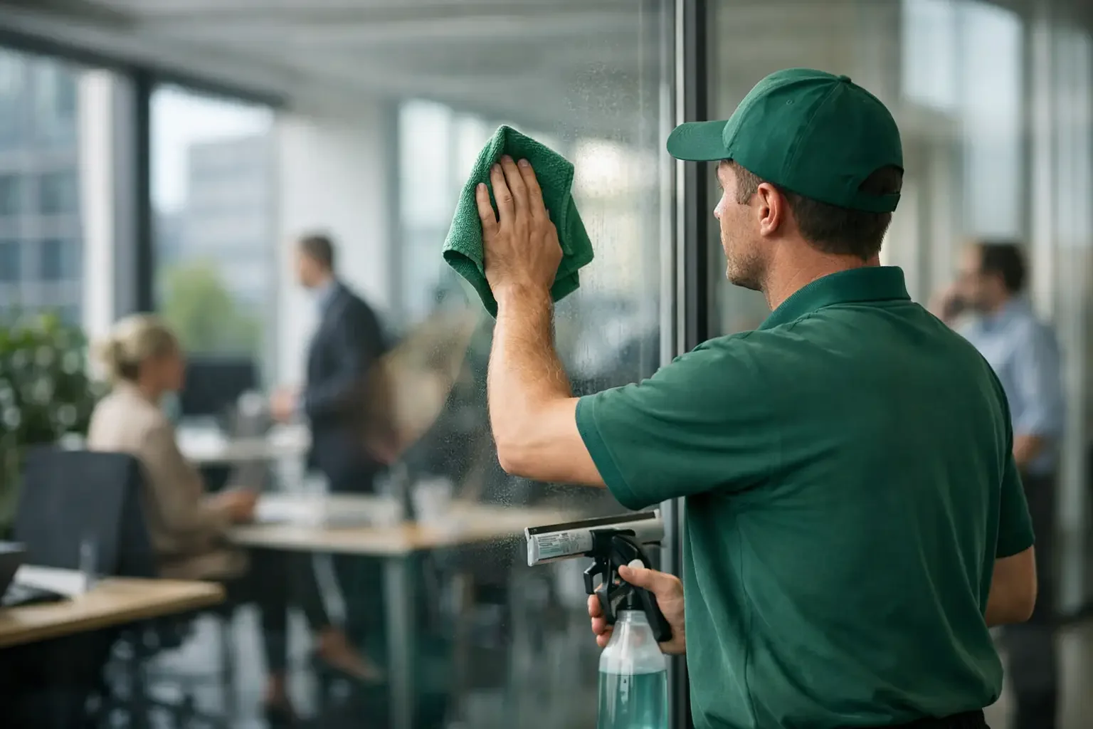 nterhaltsreinigung München – Reinigungskraft reinigt Glasfläche in modernem Büro
