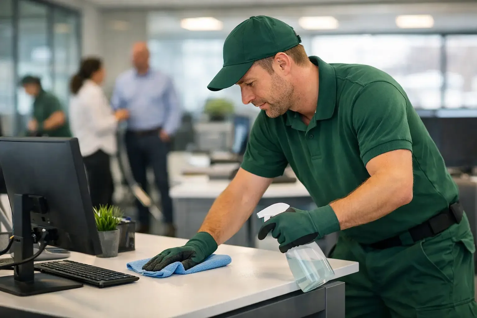 Büroreinigung München Mehrstandorte. Reinigungskraft reinigt modernes Büro mit Glasfront