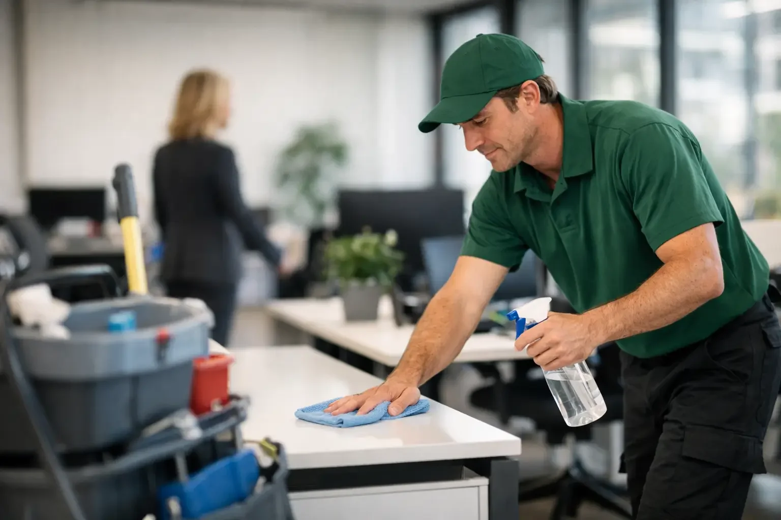 Unterhaltsreinigung intern vs extern München. Reinigungskraft reinigt Büroflur in modernem Münchner Verwaltungsgebäude
