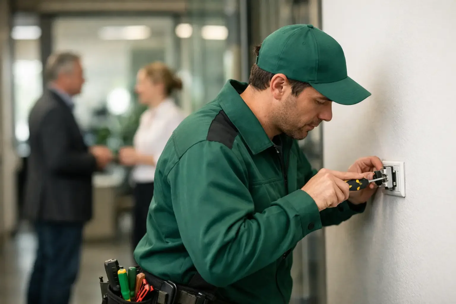 Hausmeisterservice München. Hausmeister kontrolliert Gemeinschaftsfläche in modernem Wohnobjekt