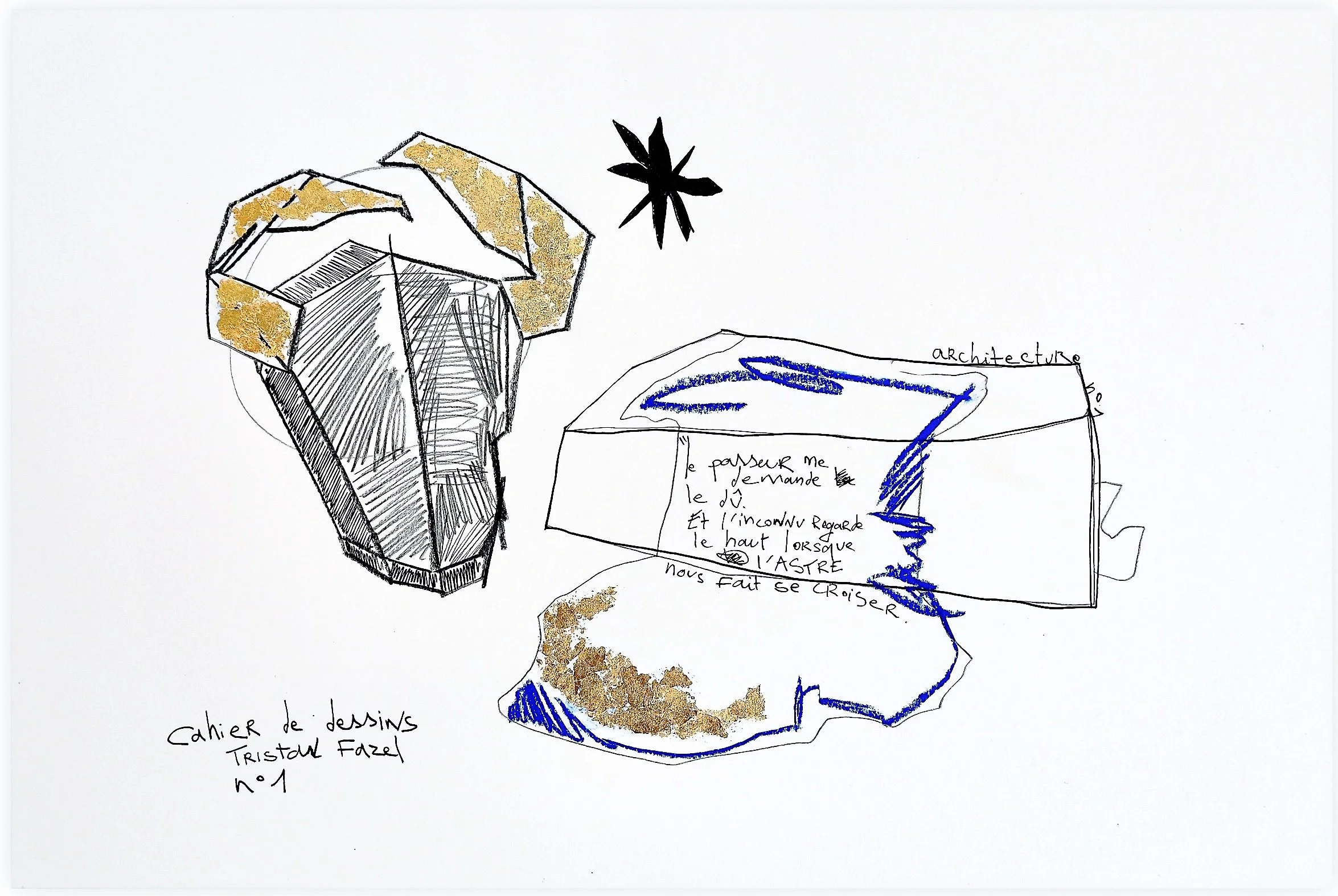 Le Minotaure . 29,7x42 . Encre, graphite, pastel sec, feuille d'or sur papier . 2024