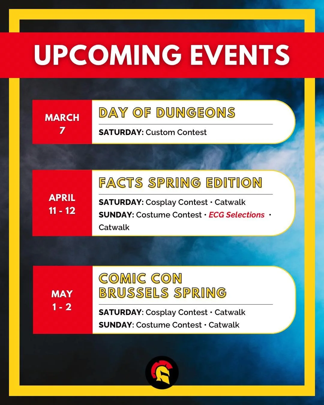 Curious about which conventions you can find us at in the upcoming months? We&rsquo;ve got you covered! Check out our handy event lineup from now to May and start marking your calendars! 📅

More info about the Day of Dungeons&rsquo; custom contest s