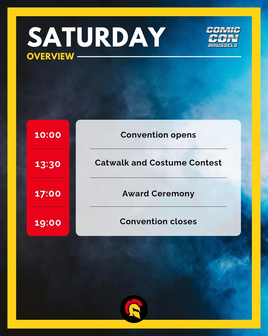 🚨 SCHEDULE COMIC CON BRUSSELS SPRING - SATURDAY 🚨

Our timetable for this edition of @comicconbrussels is here! 
Find out exactly when and where all the activities take place, so you can strut, cheer, and snap every epic moment.
⚠️ This schedule is