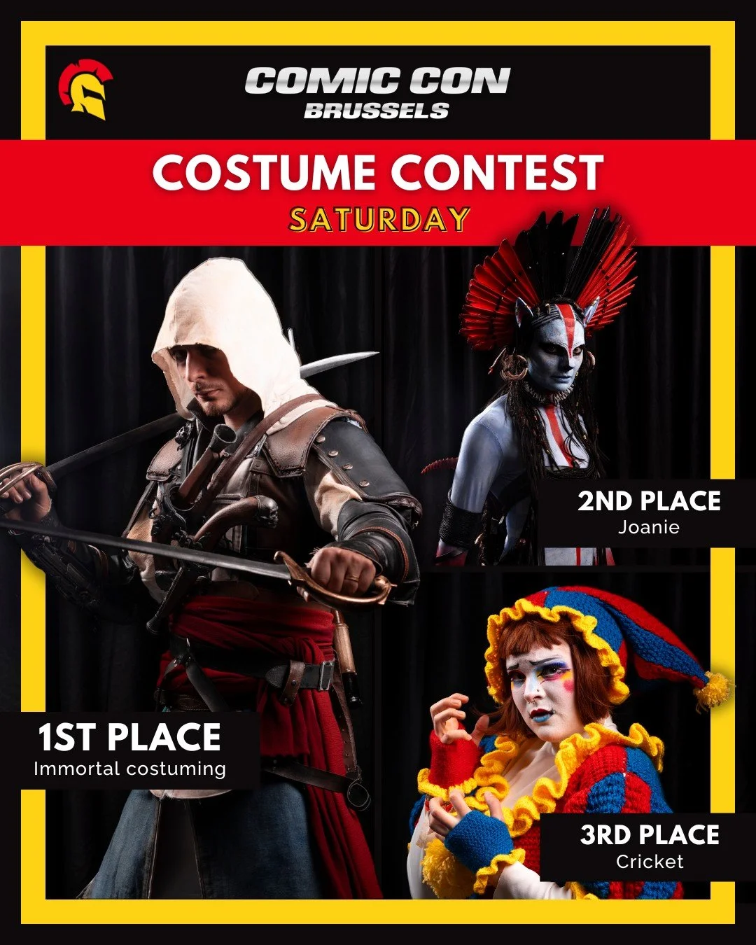 🔥 SATURDAY WINNERS COMIC CON BRUSSELS SPRING 🔥

A little late, but the hype is still real!
Here are the winners from last Saturday&rsquo;s Costume Contest at this edition of @comicconbrussels:
🥇 @immortal_costuming 
🥈 joaniegrosz
🥉 @cricket_cosp