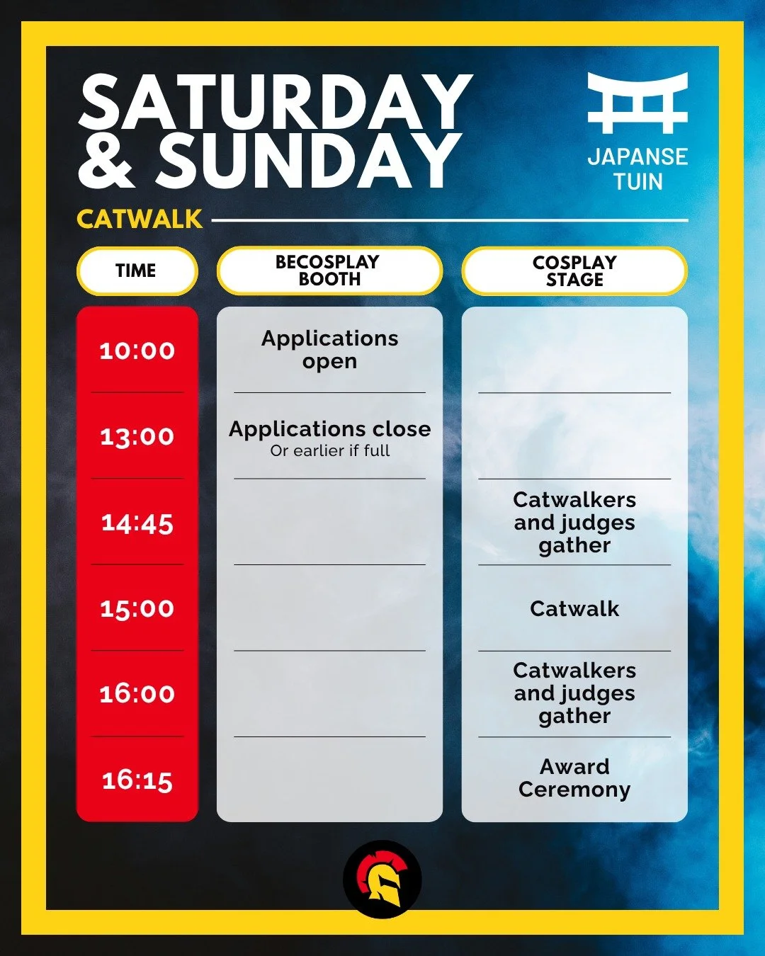 🚨 SCHEDULE MANGA &amp; COSPLAY FESTIVAL 🚨

Our timetable for this edition of the Manga &amp; Cosplay Festival at the Japanse Tuin in Hasselt is here! 
Find out exactly when all the activities take place, so you can strut, cheer, and snap every epic