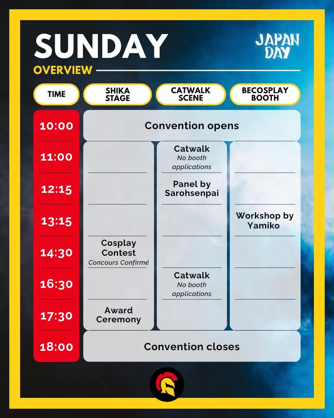🚨 SUNDAY SCHEDULE JAPAN DAY LI&Egrave;GE 🚨

Our timetable for this edition of Japan Day Li&egrave;ge is here!
Plan your day and make sure you don&rsquo;t miss a single moment.

⚠️ This schedule is for SUNDAY only! Check our previous post for Saturd