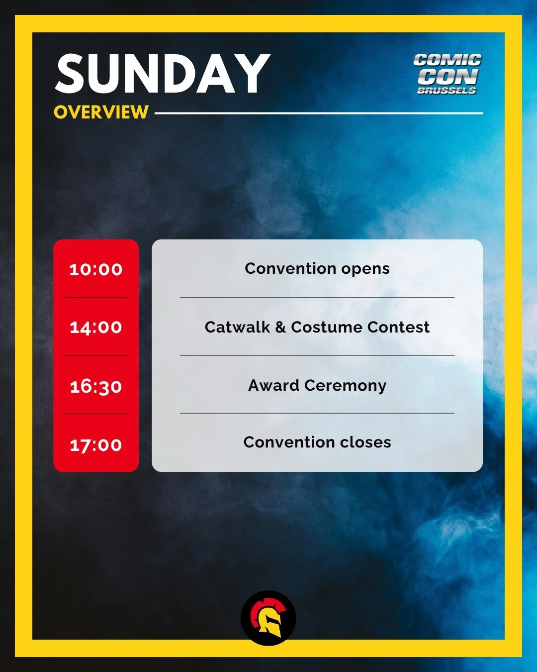 🚨 SUNDAY SCHEDULE COMIC CON BRUSSELS FALL 🚨

Our timetable for this edition of @comicconbrussels is here!
Plan your day and make sure you don&rsquo;t miss a single moment.
⚠️ This schedule is for SUNDAY only! Check our previous post for Saturday.

