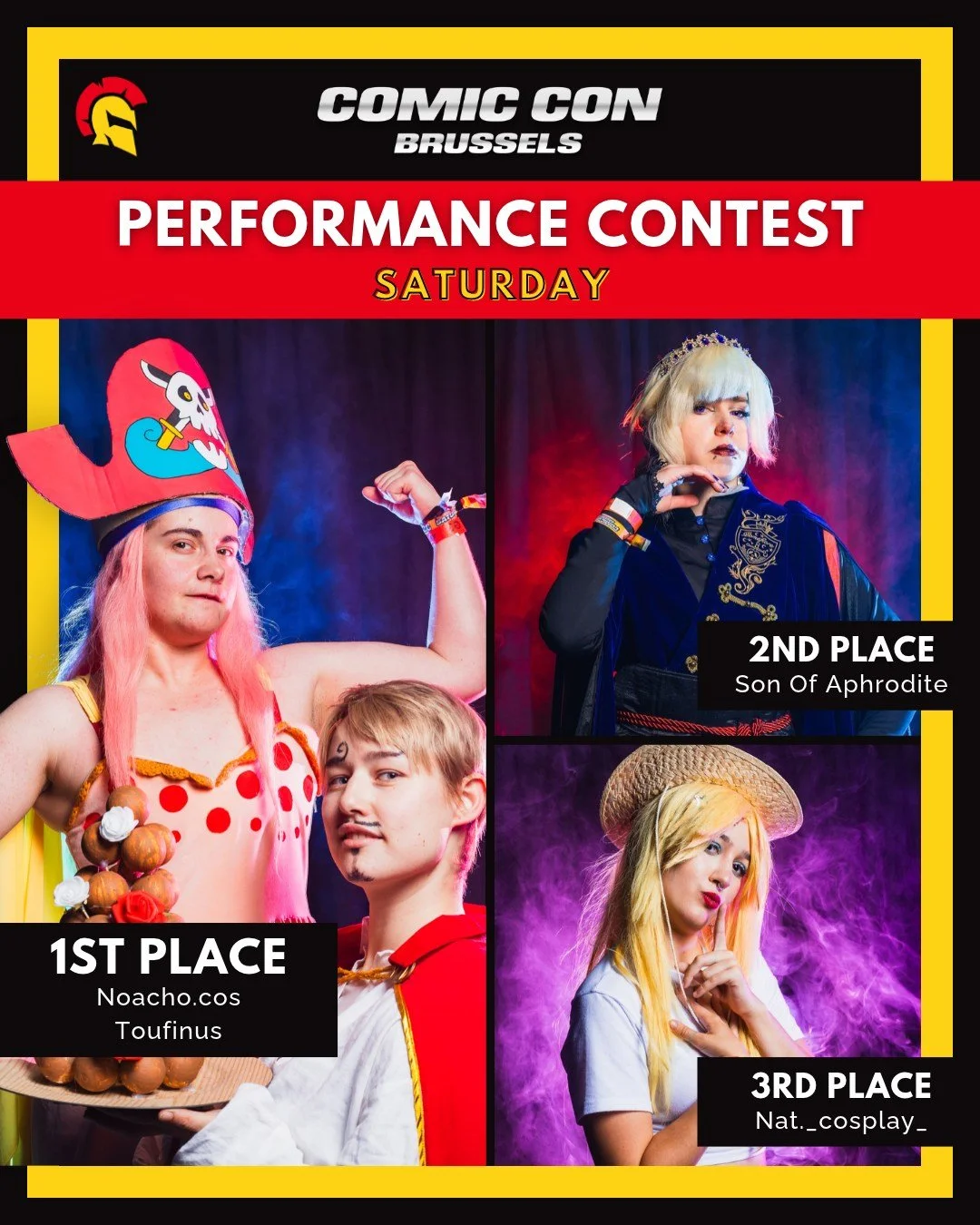 🔥 SATURDAY PERFORMANCE CONTEST WINNERS COMIC CON BRUSSELS FALL 🔥

Here are the winners from last Saturday&rsquo;s Performance Contest at this edition of @comicconbrussels :
🥇 @noacho.cos &amp; @_toufinus_
🥈 @son.of_aphrodite
🥉 @nat._cosplay_

A 