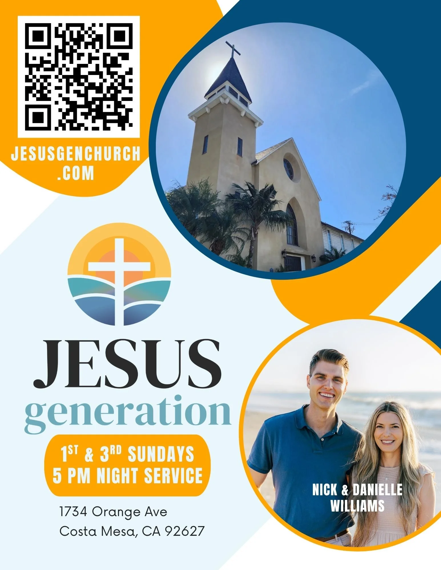Church flyer promoting upcoming Jesus generation services on the first and third Sundays of each month at 5 PM, including a QR code, church logo, and a photo of a smiling young man and woman standing together outdoors. The flyer includes church's address in Costa Mesa, California.