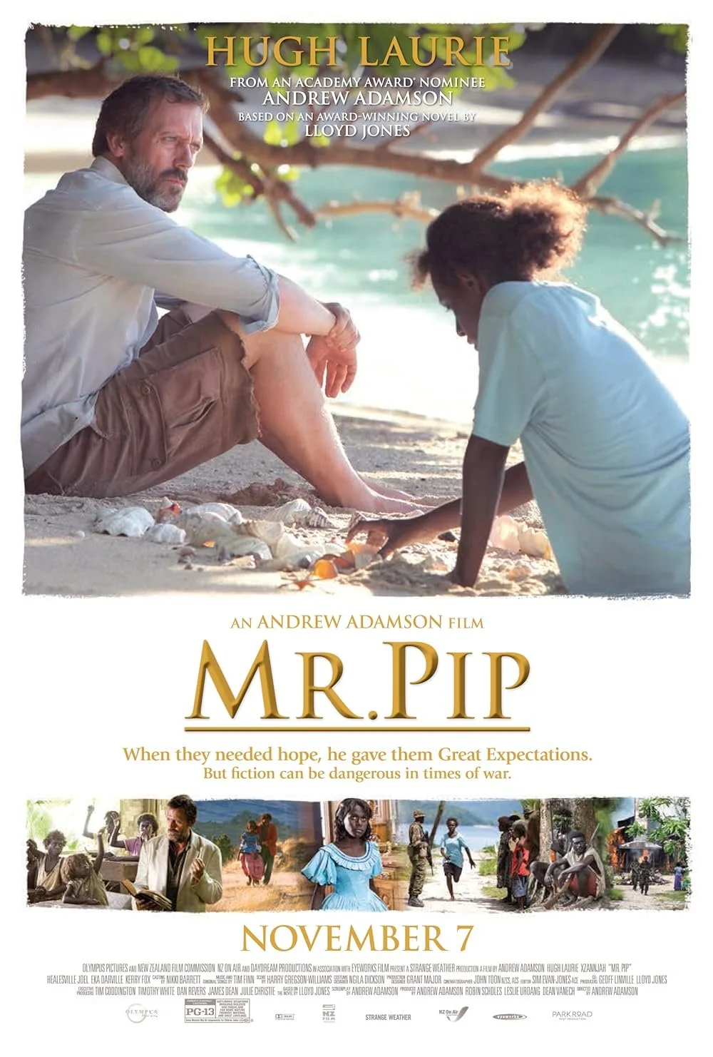Hugh Laurie, Xzannjah Matsi, and Eka Darville in Andrew Adamson's Mr. Pip (2012).  Neil Crispin Aldridge, Additional Supervising Dialogue Editor.