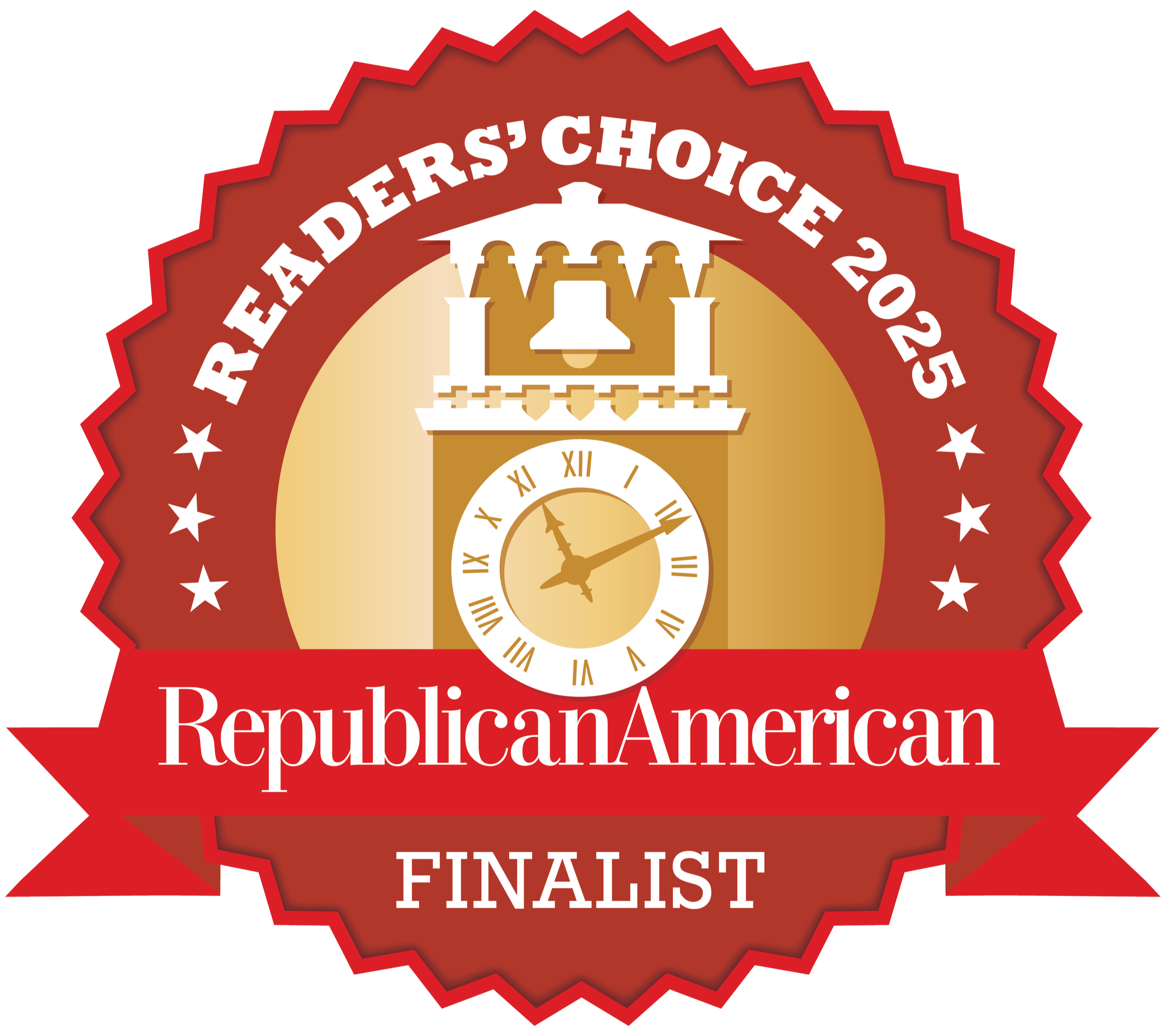 Red badge with white stars and a clock tower, with text "Readers' Choice 2025 Finalist" and "Republican American".