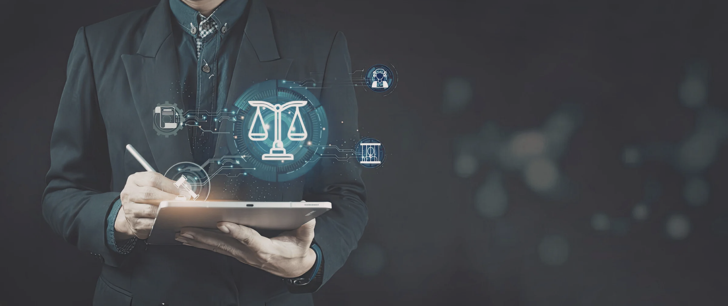 A man writing on a tablet with digital symbols of A.I. and the Law coming off the tablet